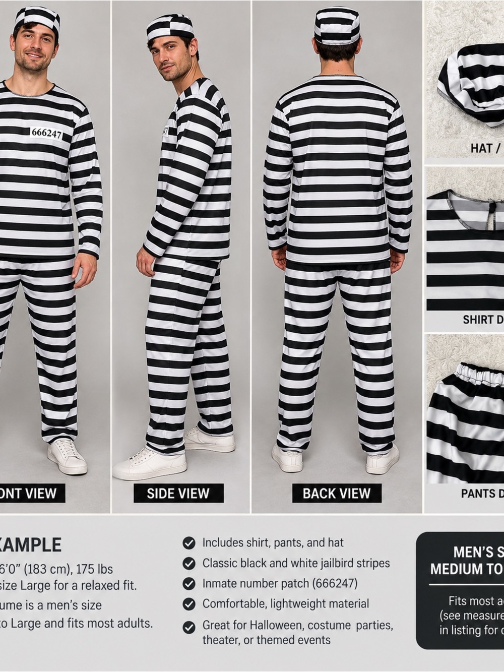Amscan Mens M/L Jailbird Prisoner Costume Black White Striped 3 Piece Halloween